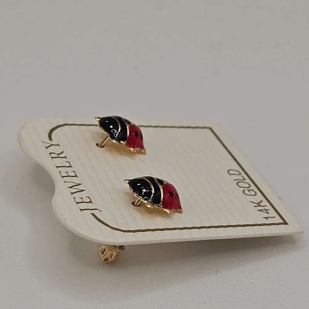 14KT Gold Ladybug Enamel Stud Screw Back Earrings 8mm